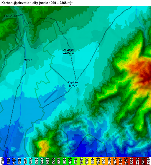 Zoom OUT 2x Kerben, Kyrgyzstan elevation map