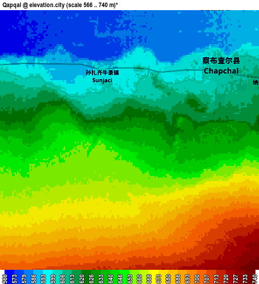 Zoom OUT 2x Qapqal, China elevation map