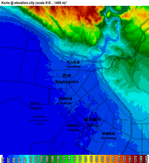 Zoom OUT 2x Korla, China elevation map