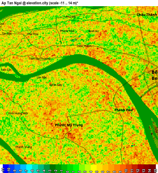 Zoom OUT 2x Ấp Tân Ngãi, Vietnam elevation map