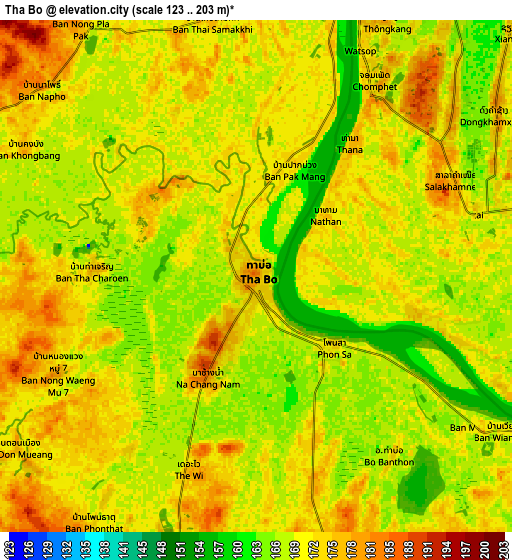 Zoom OUT 2x Tha Bo, Thailand elevation map