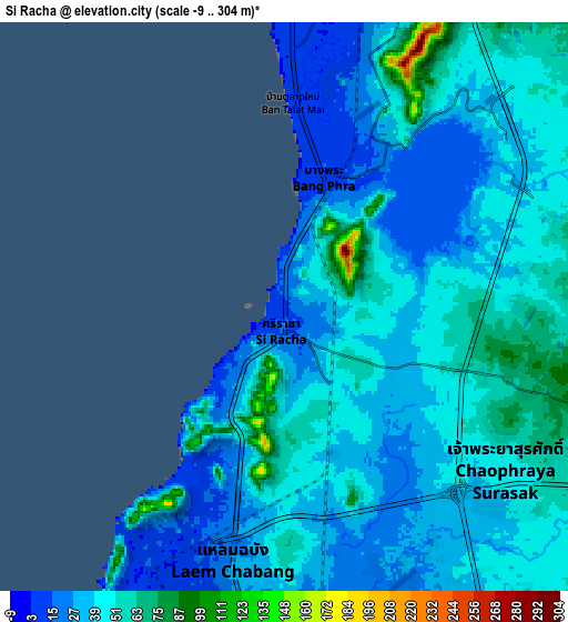 Zoom OUT 2x Si Racha, Thailand elevation map