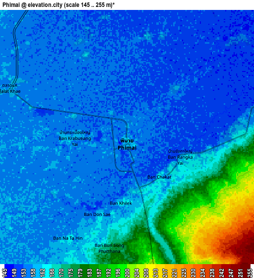 Zoom OUT 2x Phimai, Thailand elevation map