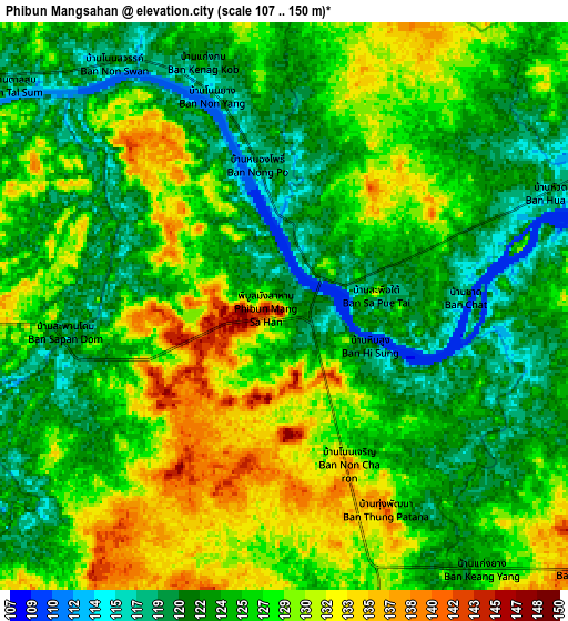 Zoom OUT 2x Phibun Mangsahan, Thailand elevation map