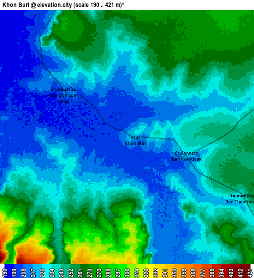 Zoom OUT 2x Khon Buri, Thailand elevation map