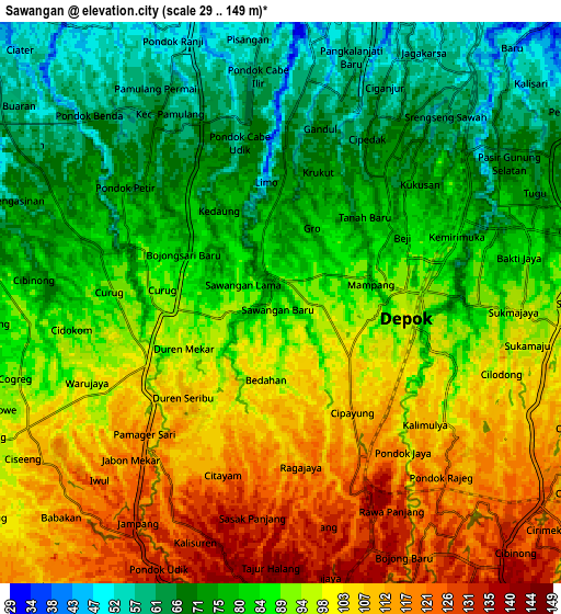 Zoom OUT 2x Sawangan, Indonesia elevation map