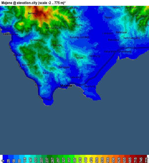 Zoom OUT 2x Majene, Indonesia elevation map