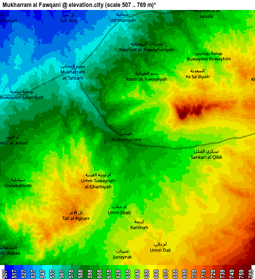 Zoom OUT 2x Mukharram al Fawqānī, Syria elevation map