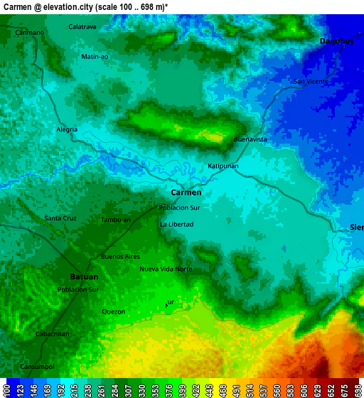 Zoom OUT 2x Carmen, Philippines elevation map