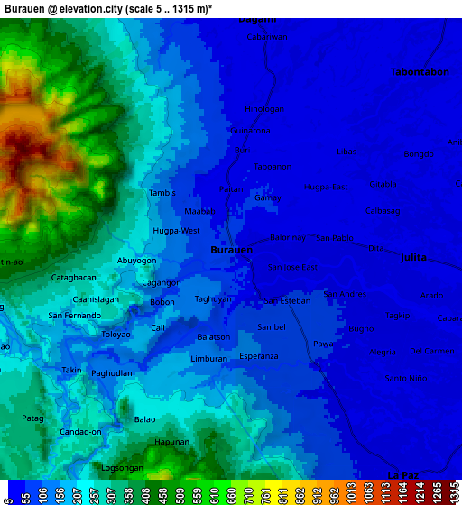 Zoom OUT 2x Burauen, Philippines elevation map