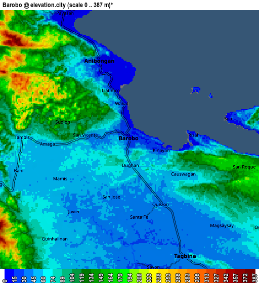 Zoom OUT 2x Barobo, Philippines elevation map