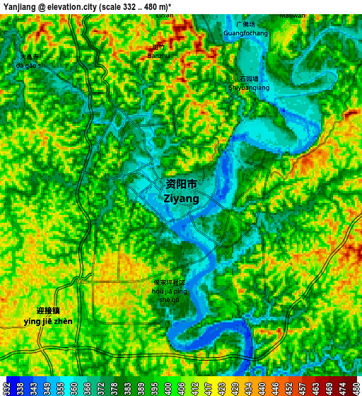 Zoom OUT 2x Yanjiang, China elevation map