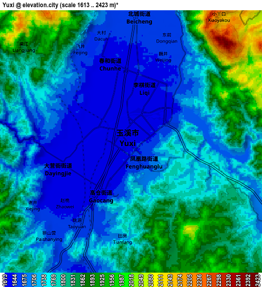 Zoom OUT 2x Yuxi, China elevation map