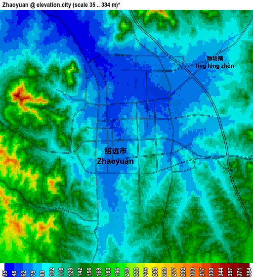 Zoom OUT 2x Zhaoyuan, China elevation map