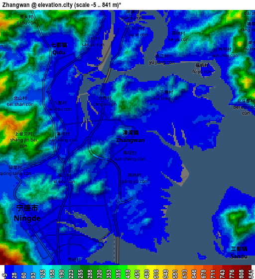 Zoom OUT 2x Zhangwan, China elevation map