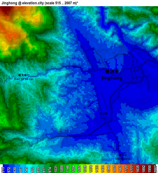 Zoom OUT 2x Jinghong, China elevation map