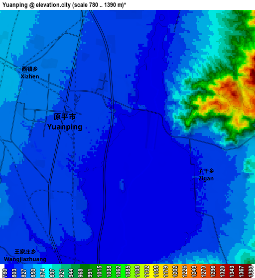 Zoom OUT 2x Yuanping, China elevation map