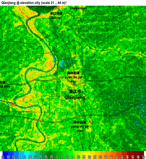 Zoom OUT 2x Qianjiang, China elevation map