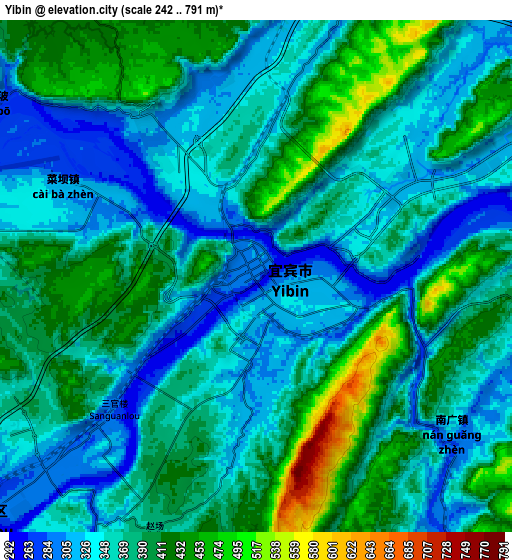 Zoom OUT 2x Yibin, China elevation map