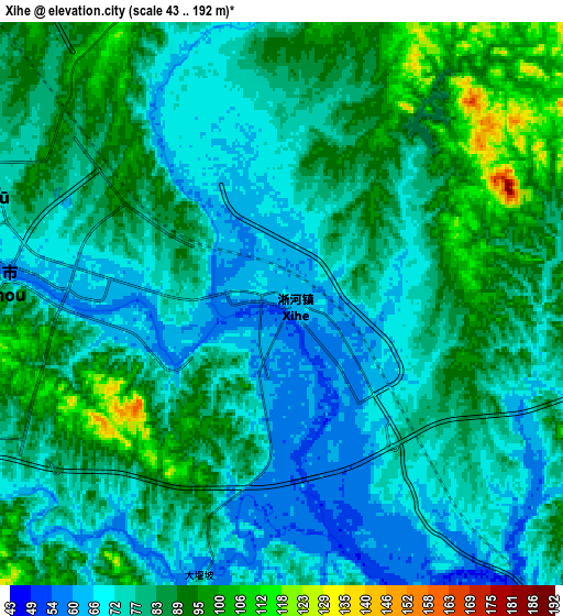 Zoom OUT 2x Xihe, China elevation map