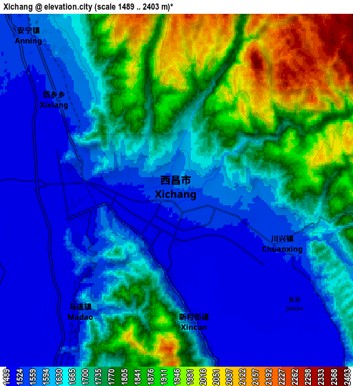 Zoom OUT 2x Xichang, China elevation map