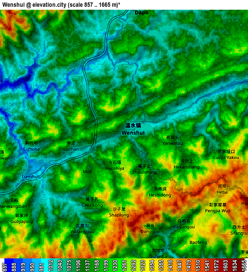 Zoom OUT 2x Wenshui, China elevation map