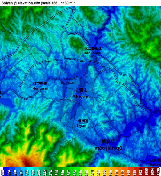 Zoom OUT 2x Shiyan, China elevation map