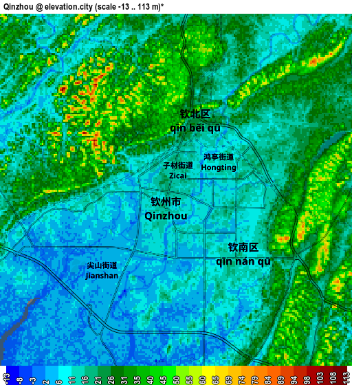 Zoom OUT 2x Qinzhou, China elevation map