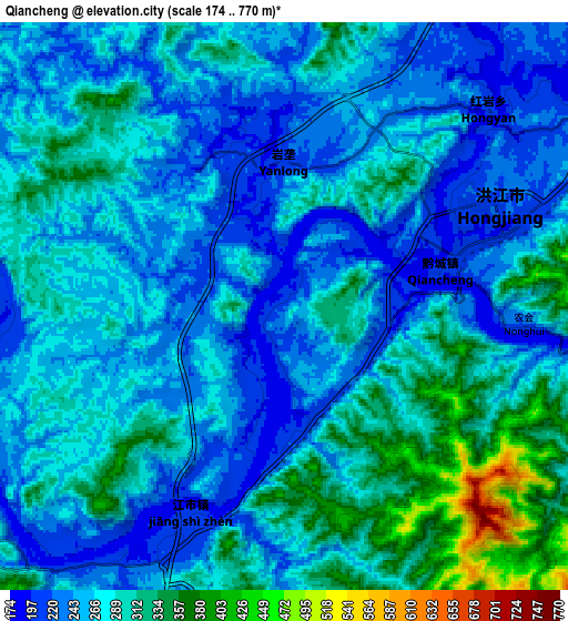 Zoom OUT 2x Qiancheng, China elevation map