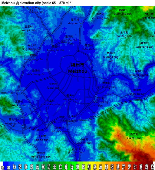 Zoom OUT 2x Meizhou, China elevation map