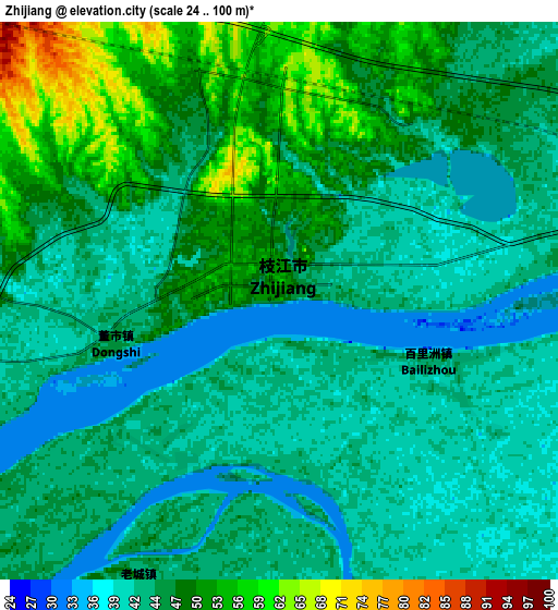 Zoom OUT 2x Zhijiang, China elevation map
