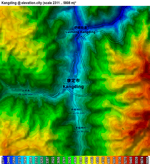 Zoom OUT 2x Kangding, China elevation map