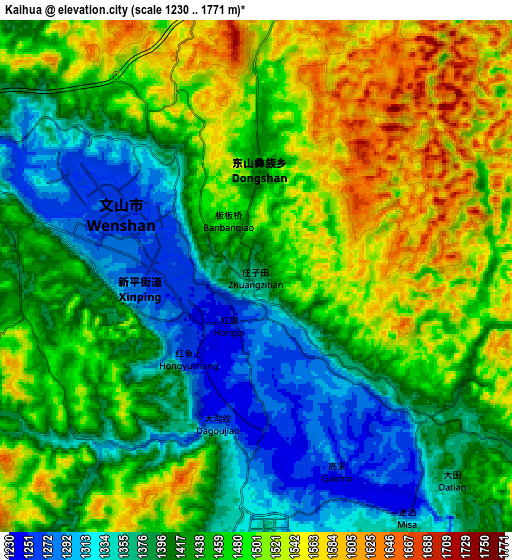 Zoom OUT 2x Kaihua, China elevation map