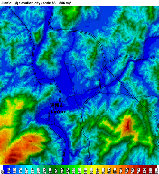 Zoom OUT 2x Jian’ou, China elevation map