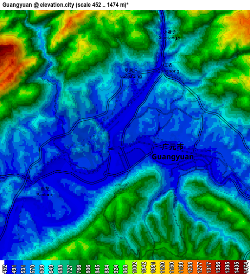 Zoom OUT 2x Guangyuan, China elevation map