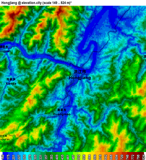 Zoom OUT 2x Hongjiang, China elevation map