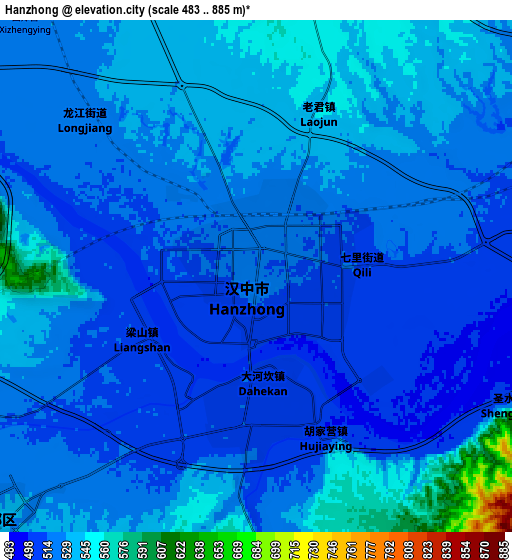 Zoom OUT 2x Hanzhong, China elevation map