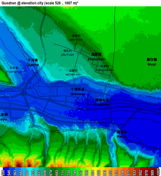 Zoom OUT 2x Guozhen, China elevation map