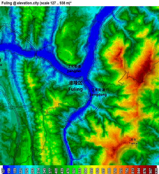 Zoom OUT 2x Fuling, China elevation map