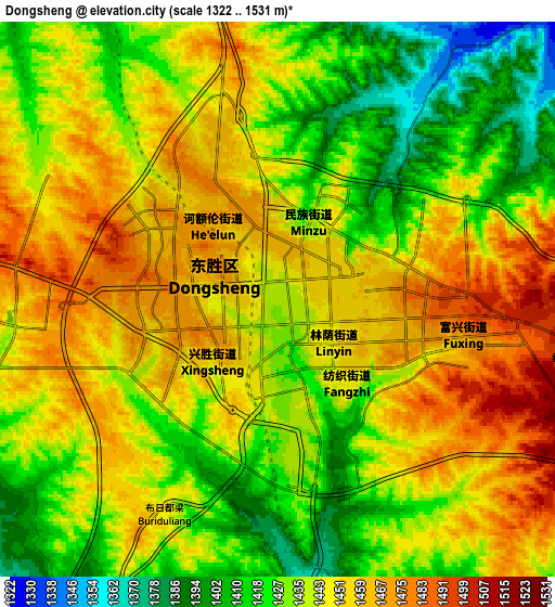 Zoom OUT 2x Dongsheng, China elevation map