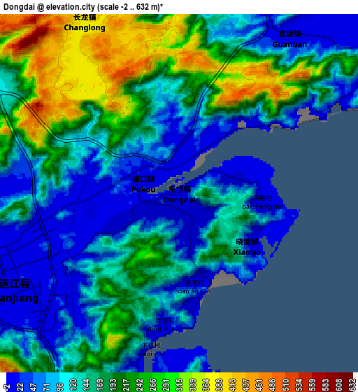 Zoom OUT 2x Dongdai, China elevation map