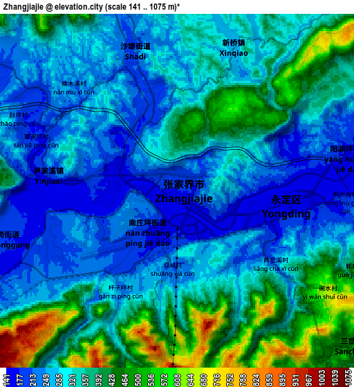 Zoom OUT 2x Zhangjiajie, China elevation map