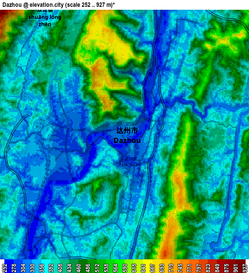 Zoom OUT 2x Dazhou, China elevation map