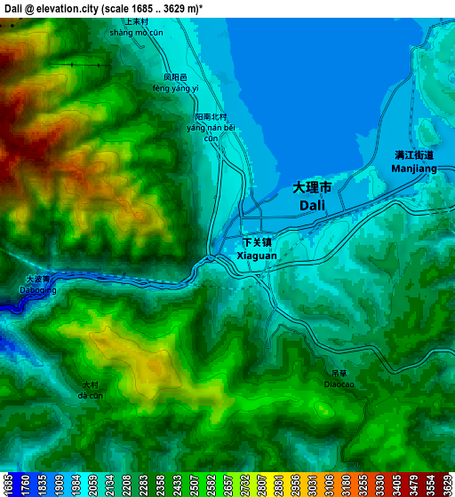 Zoom OUT 2x Dali, China elevation map