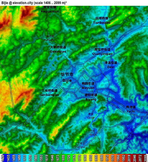 Zoom OUT 2x Bijie, China elevation map