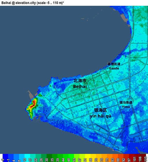 Zoom OUT 2x Beihai, China elevation map