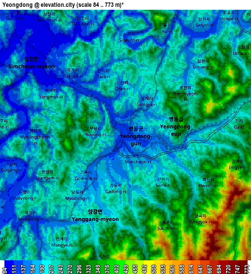 Zoom OUT 2x Yeongdong, South Korea elevation map