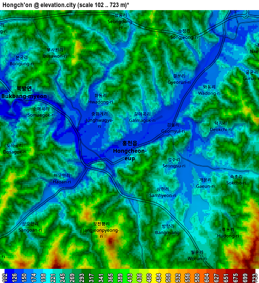 Zoom OUT 2x Hongch’ŏn, South Korea elevation map