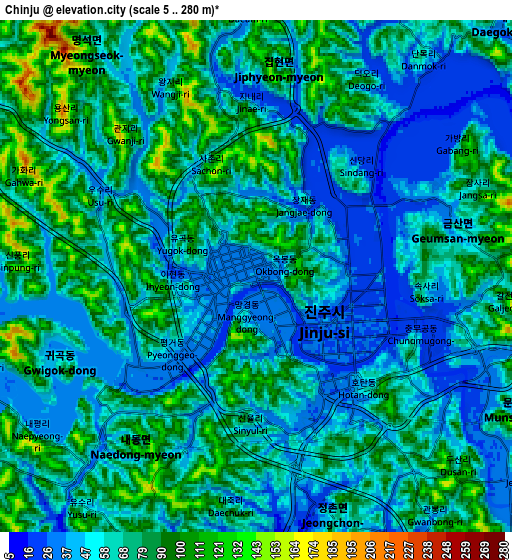 Zoom OUT 2x Chinju, South Korea elevation map