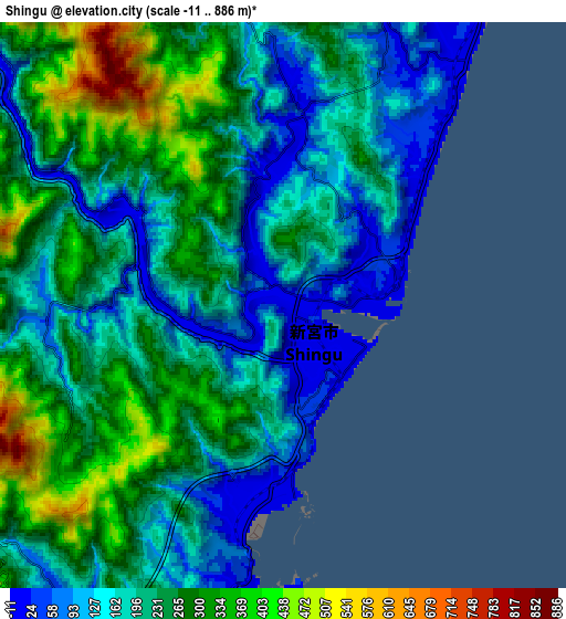 Zoom OUT 2x Shingū, Japan elevation map